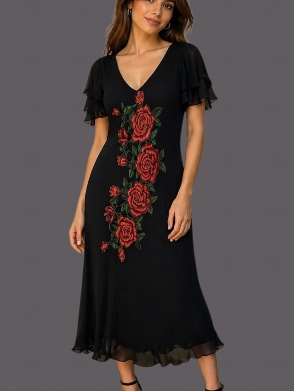 Vtg RAIMENT FASHIONS Chiffon Rose Cascade Sleeve Formal Ball Dress